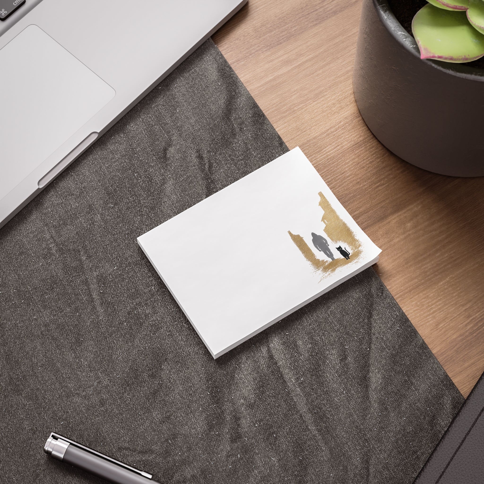 Whiskers Post-it Note Pad — Minimal Silhouette Walker & Cat Cityscape Sticky Notes