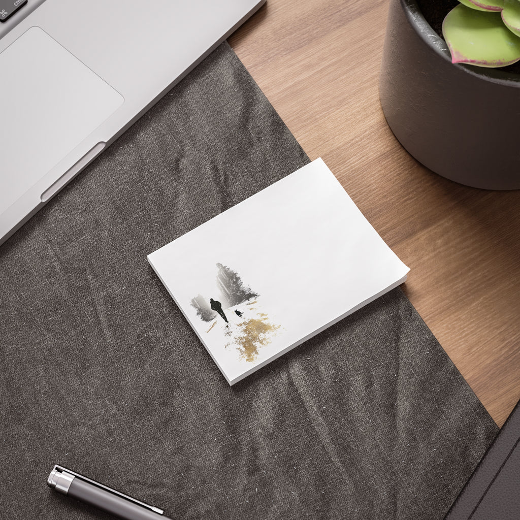 Whiskers Post-it Note Pad — Minimalist Serene City Walk Design (Man & Cat)
