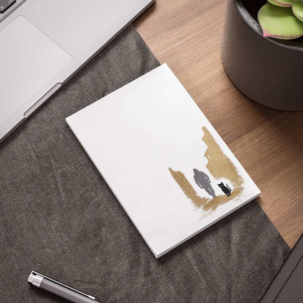 Whiskers Post-it Note Pad — Minimal Silhouette Walker & Cat Cityscape Sticky Notes