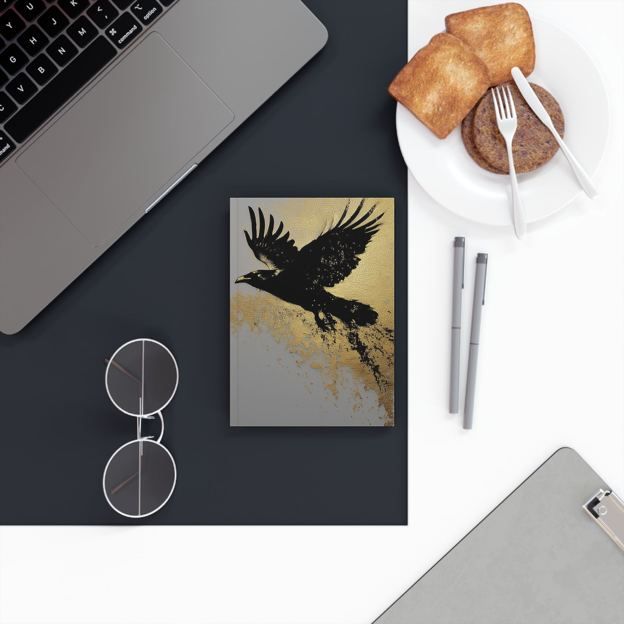 Raven Flight Hardback Journal — Gold Ink Raven Notebook for Writing & Sketching