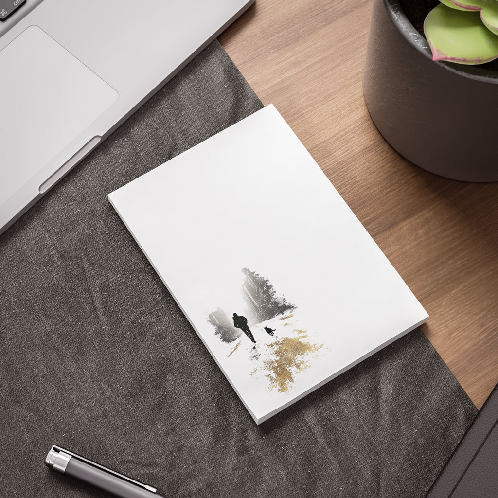 Whiskers Post-it Note Pad — Minimalist Serene City Walk Design (Man & Cat)