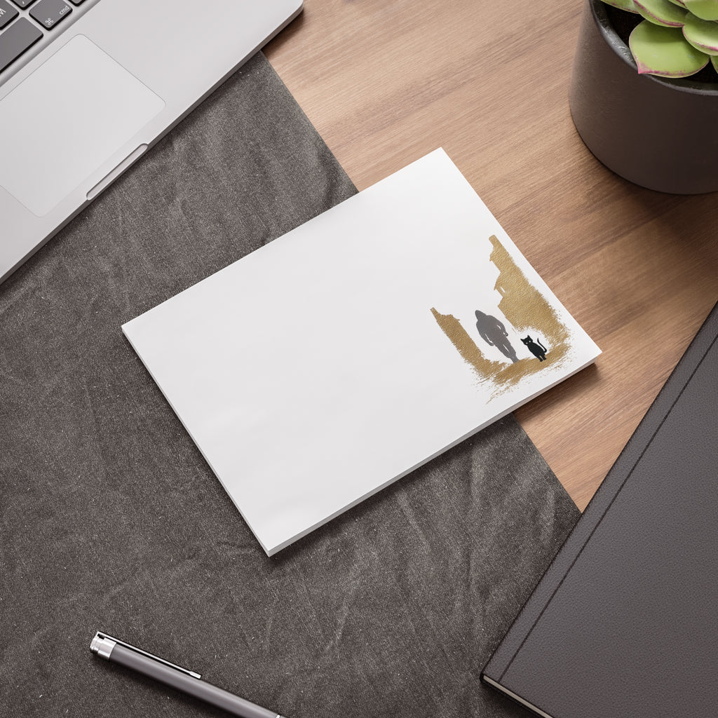 Whiskers Post-it Note Pad — Minimal Silhouette Walker & Cat Cityscape Sticky Notes