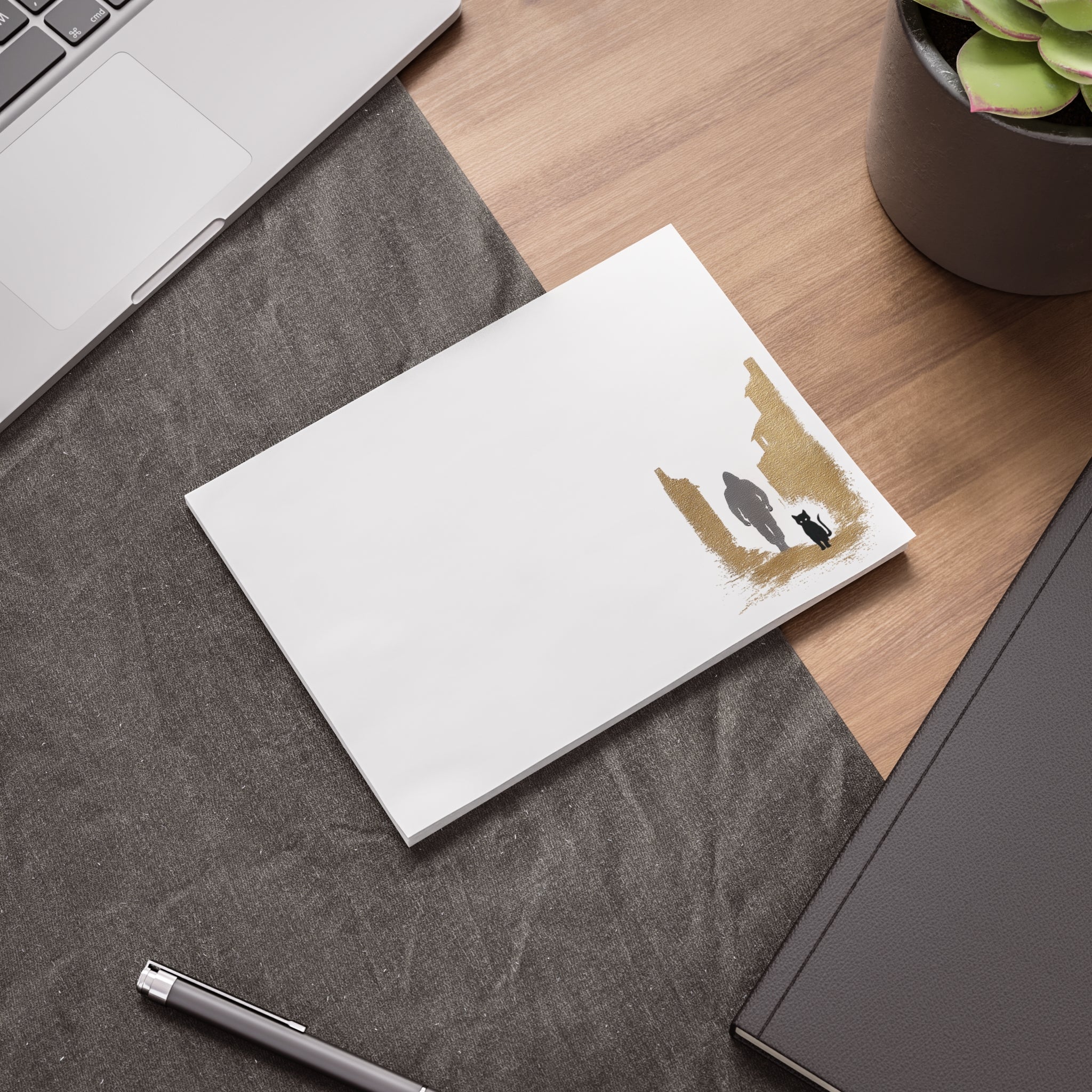 Whiskers Post-it Note Pad — Minimal Silhouette Walker & Cat Cityscape Sticky Notes