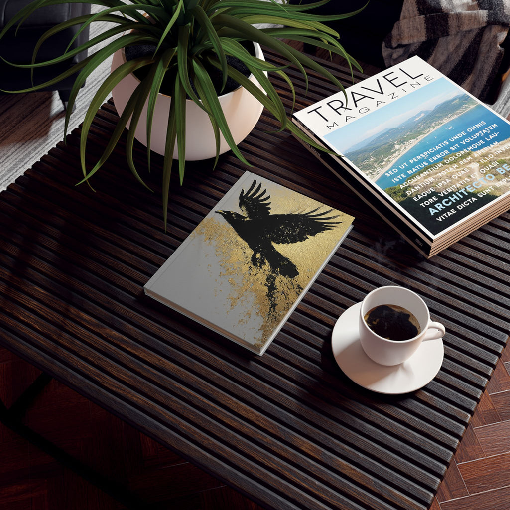 Raven Flight Hardback Journal — Gold Ink Raven Notebook for Writing & Sketching
